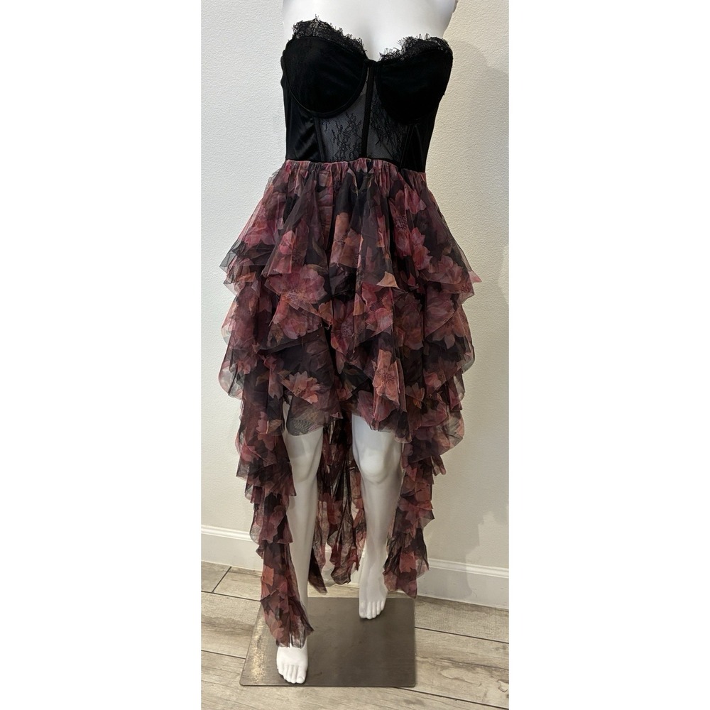 Thirty Thirty Whimsigoth Corset Dress M Black Bustier Floral Ruffle Tiered Fairy